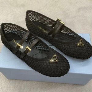 Prada Black Mesh Mary Jane Flats with Gold Logo Hardware